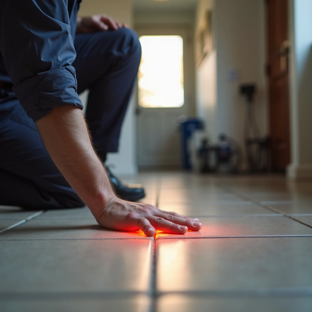 Warm spot on a tile floor indicating a possible slab leak in a Rialto home