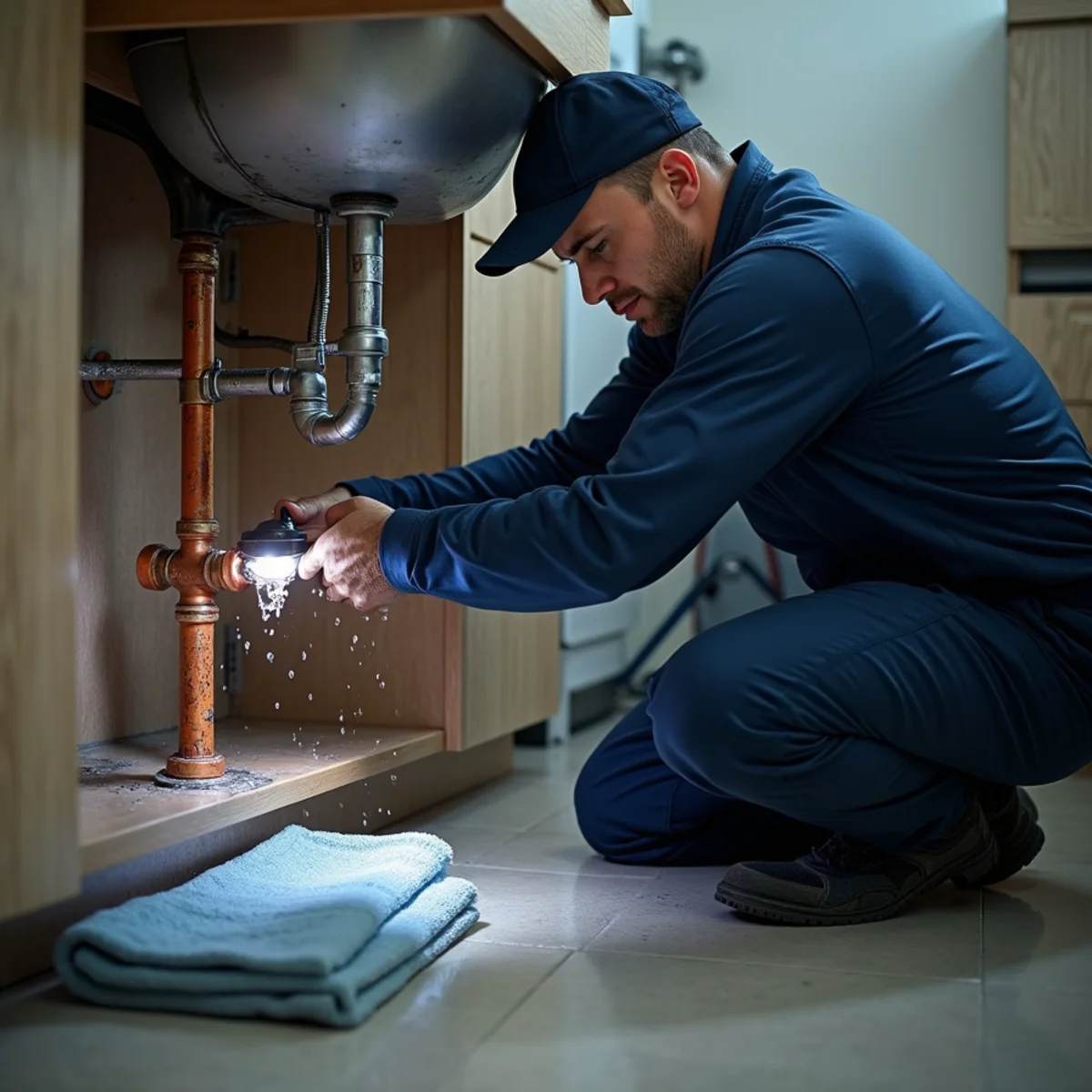Emergency plumber repairing a burst water pipe flooding a Rialto, CA home