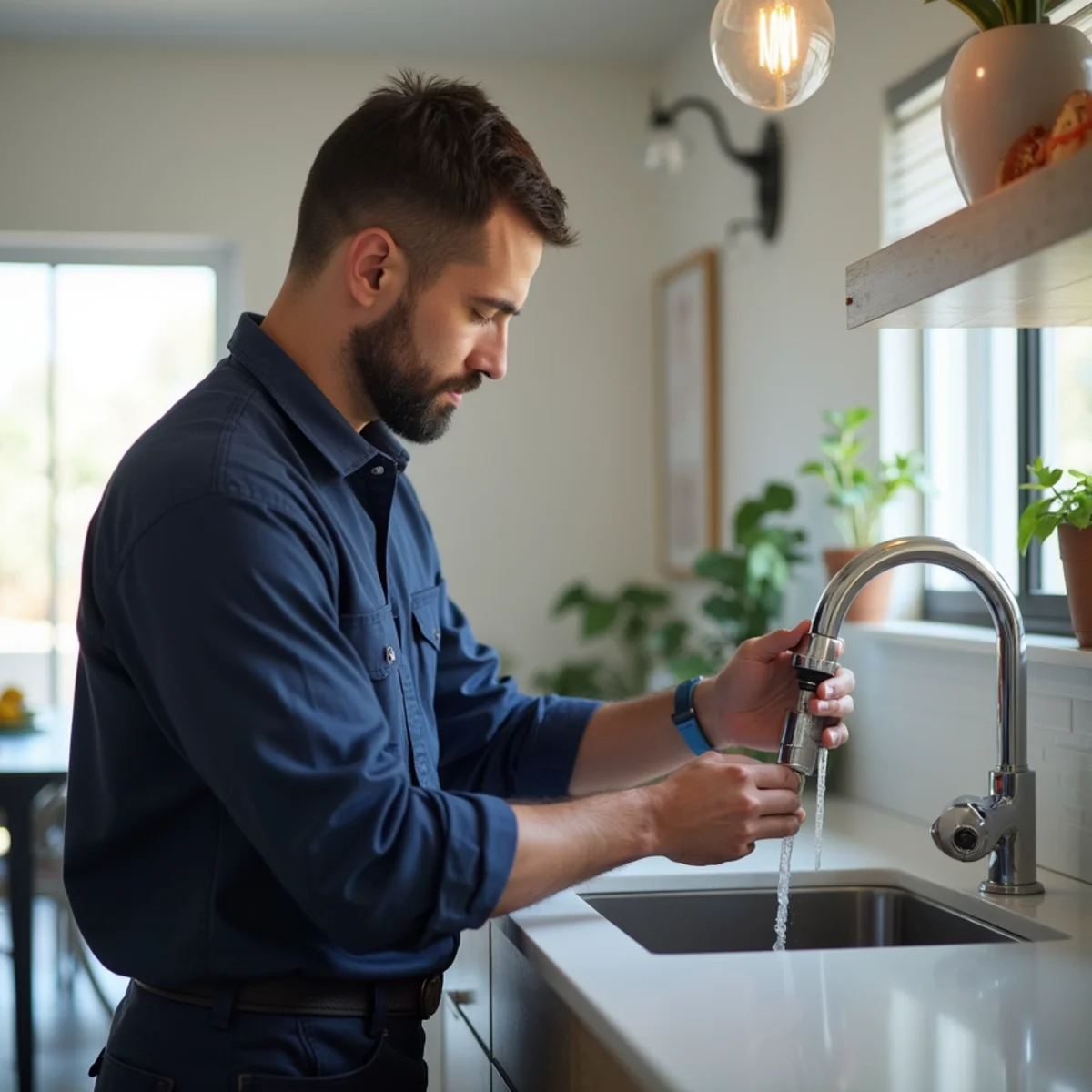 Plumber installing a new faucet in a Rialto, CA kitchen